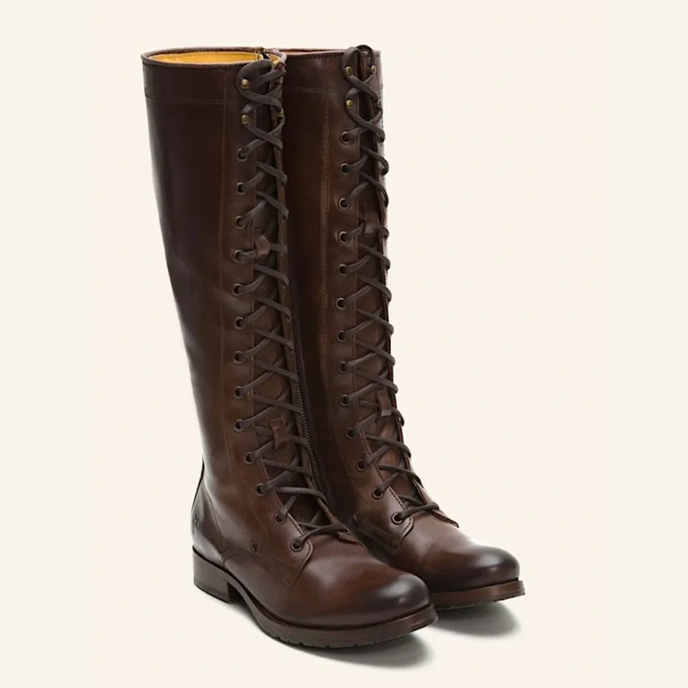 KATNISS Frye Melissa Tall Brown Leather Lace Up Knee High Vintage Riding Boot
